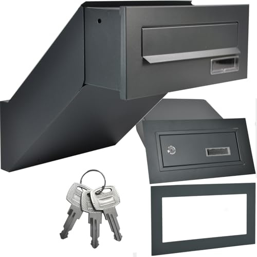 Mauerdurchwurf Briefkasten mit Rahmen Einbaubriefkasten Anthrazit RAL7016 | Wandstärke 260–420mm wetterfest Frontplatte 285x110mm Stahlblech, pulverbeschichtet A4 Einwurf inkl 3 Schlüssel