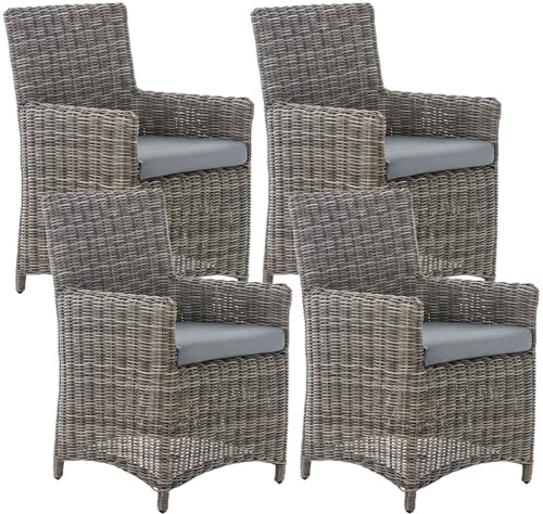 CLP Gartenstuhl 4er Set Fontana, Polyrattan Gartenstühle, Hochlehner mit Sitzkissen, Wetterfeste Garten-Sessel mit Armlehnen, Outdoor Stuhlset, Farbe:grau-meliert, Polsterfarbe:Eisengrau