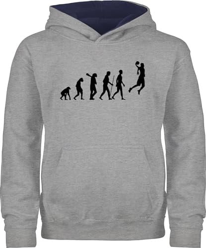 Pullover Kinder Hoodie Jungen Mädchen - & Entwicklung - Basketball Evolution - 152 (12/13 Jahre) - Grau meliert/Navy Blau - pulli basketballer kinderpullover hudi hoody hoodies hoddies/pullies