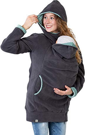 Viva la Mama Umstandsmode Fleecetragejacke Jacke Mama Baby tragen Jacke mit Einsatz warm Tragehoodie Kapuzenpullover - AHOI grau mint Punkte - M