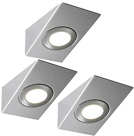 3 Pack | Bright 2.6W LED Under Cabinet Wedge Spot Lights & Driver Kit | Stainless Steel & Warm White | Kitchen Worktop Countertop Cupboard Unit Down Light | Modern Lighting Fitting