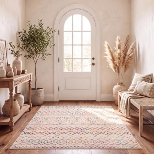 SAFAVIEH Boho Teppich für Wohnzimmer, Esszimmer, Schlafzimmer - Madison Collection, Kurzer Flor, Elfenbein und Fuchsia, 200 x 300 cm
