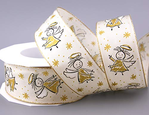 finemark 20 m x 40 mm Dekoband Engel Creme Gold mit Lurex Drahtkanten Weihnachten Advent Schleifenband Geschenkband Deko Band Draht Rolle Christmas Angel