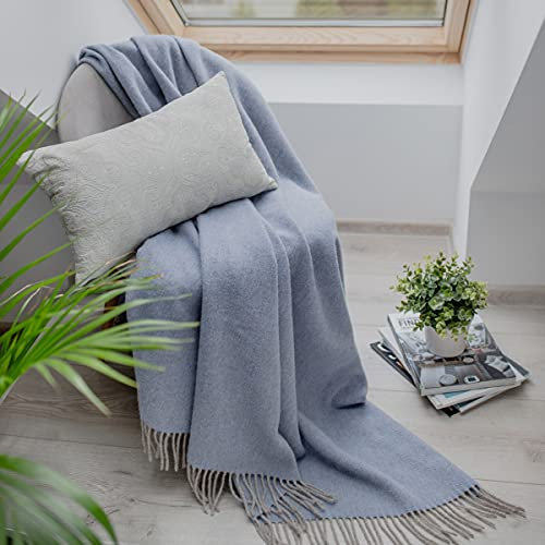 Linen & Cotton Weiche Warme Decke Wolldecke Wohndecke Kuscheldecke Columbus - 100% Reine Neuseeland Wolle, Beige Natur Hellblau Blau (140 x 200 cm) Couchdecke Überwurf Plaid Winter Sofa Schurwolle