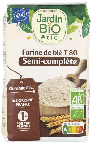 Jardin BiO étic - Farine de blé semi complète T80 - bio - Sucré - Certifié AB - Sac de 1kg (L'emballage peut varier)