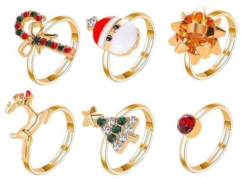 Happyyami 6Pcs Weihnachtsring Weihnachten Rentier Weihnachtsmann Schneeflocke Offene Ringe Schmuck für Frauen Mädchen