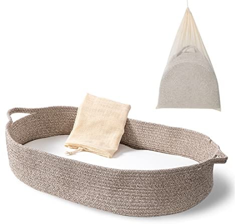 Baby-Wickelkorb – Wickeltischauflage für Babykörbchen und dicke Schaumstoffunterlage mit abnehmbarem Baumwoll-Matratzenbezug, 100% Baumwolle, Boho-Kinderzimmer-Dekor in Kaffeefarbe mit