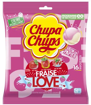 Chupa Chups Sachet de 16 sucettes Love/ Bonbons sans gluten/3 parfums Assortis Fraise/fraise Acidulée/Lait Fraise- 192g (L'emballage peut varier)