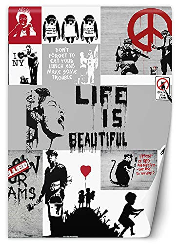 Feeby Fototapete XXL Banksy Graffiti Wandmalerei 200x280 cm Grau Vliestapete Moderne Design Wandtapete Küche Flur Wohnzimmer Büro Badezimmer Kinderzimmer Straßenkunst Collage