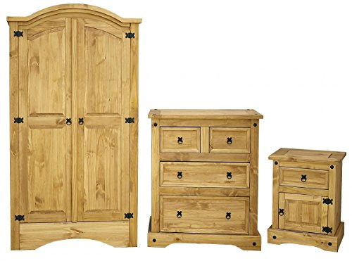 Furniturevilla Corona Trio Bedroom Furniture Set, Full Hanging 2 Door Wardrobe With Shelf 4 drawer Chest And 1 Drawer Bedside Unit Bedroom Set, Bedroom Furniture