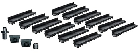 Entwässerungsrinne MEAPARK, 12er Pack (12x1m) mit Kunststoffschlitzaufsatz mit Zubehör - Entwässerungssystem für Terrassen, Schwimmbäder, Garageneinfahrten, Gärten und Fußgängerzonen. BK A15