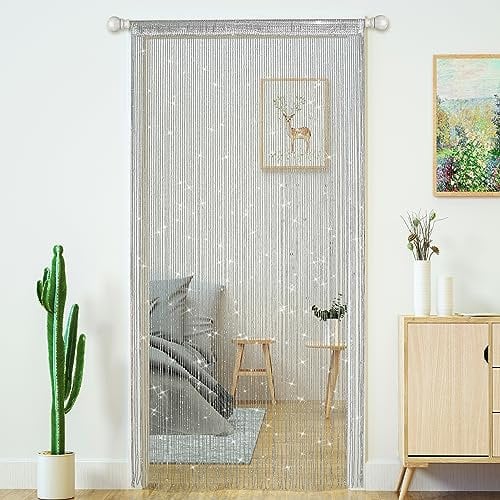 Fadenvorhänge für Türen, glitzernde Perlenvorhänge, Tür, glitzernde Perlen, Vorhang, offener Schrank, Wäsche, zum Aufhängen, Hippie-Glitzer-Perlen, Fenster, Mädchen, Silber, 99 x 200 cm, 2 Stück