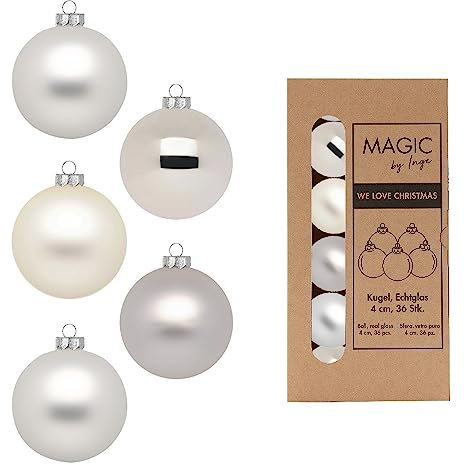 Weihnachtskugeln Glas 4cm x 36 Stück in Kartonbox Christbaumkugeln klein Creme Silber Cloud Dancer