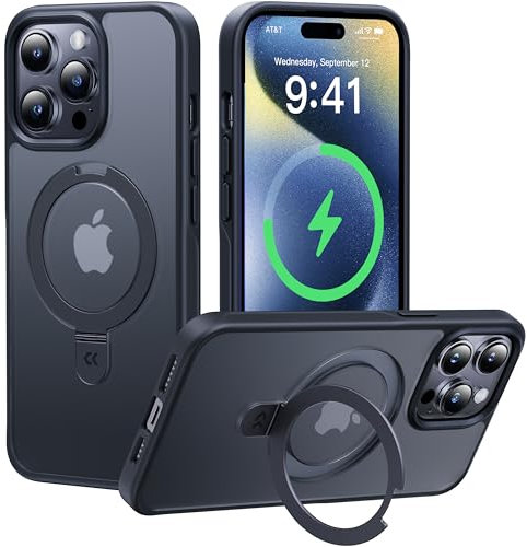 CASEKOO 2025 Neu Magic Stand für iPhone 14 Pro Hülle für MagSafe [Militärschutz] [Unsichtbarer Ständer] Stoßfeste Kratzfeste Schutzhülle Dünne Griffige Handyhülle Matte Case - Edel Schwarz