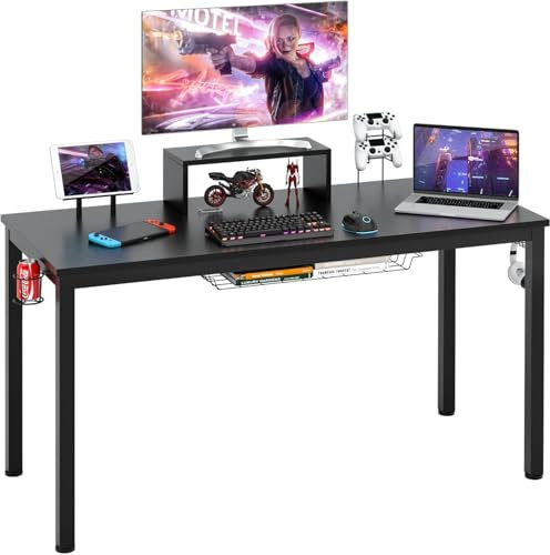 GOPLUS 140x60cm Computertisch ergonomisch mit Monitorregal, Schreibtisch mit Getränkehalter Kopfhörerhaken Spiel Griffständer Drahtkorb, Gamingtisch für Wohnzimmer Arbeitszimmer Schlafzimmer