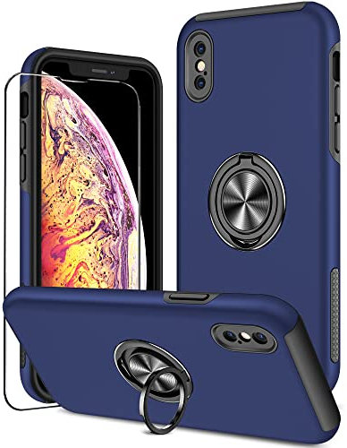 KRAFTCARE Case Compatible for iPhone X and XS with Kickstand Ring and Screen Protector, Shockproof and Anti Scratch Magnetic Built-in Ring Stand Case Compatible for iPhone X/XS - Blue