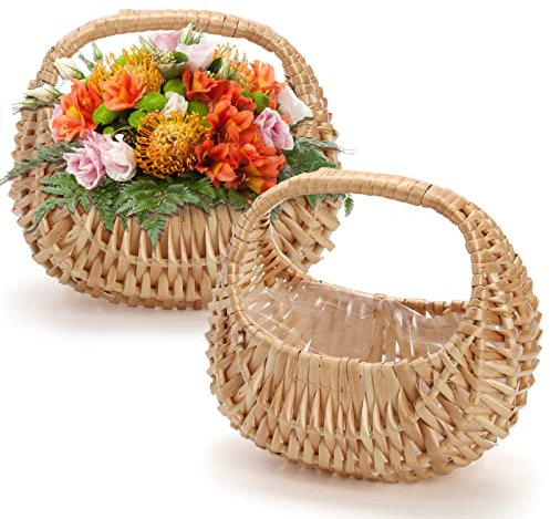 Lyellfe 2 Pieces Small Wicker Basket With Handle, Woven Flower Girl Basket With Plastic Liner for Wedding, Camping, Home Decoration - Decorative Eggs, Candy