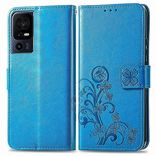 RankOne Custodia in Pelle per TCL 40 SE (6.75 Inches), Cover a Portafoglio con 3 Fessure per Carte 1 Tasca Portamonete Motivo Quadrifoglio - Blu