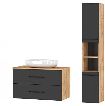 Planetmöbel Juego de Muebles de baño Lux 90 cm de Color Dorado Roble/Antracita sin Lavabo con Armario Alto, Color Dorado Roble/Antracita
