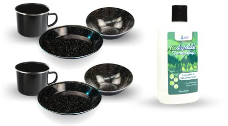 Direct 2 Boater Camping Dinnerware Set with Camp Soap - 2-Person Set, 7 Items - 2 ea of 16 oz Mugs, 7.5 Bowls & 10 Plates Metal w/Black Enamel Finish