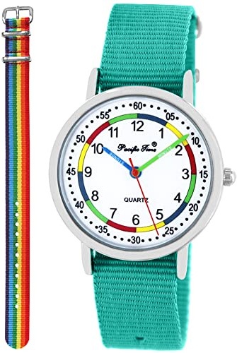 Pacific Time Kinderuhr Lernuhr Mädchen Einschulung Geschenk-Set | 2 Armbänder, 1–12-Lernzifferblatt und 5 ATM wasserdicht. Geschenk zur Einschulung, Geburtstag oder Weihnachten.
