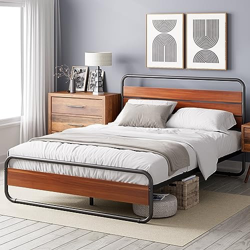 Zinus Soren Cama 135x190 cm - Altura 30 cm - Somier de metal con cabecero y piecero - Marrón y negro