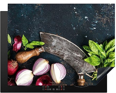 KitchenYeah© Induction Hob Protector Mat 23.2x30.3 / 77x59 cm Stove Cap Top Cover Kitchen Cooker Covers for Electric Hobs Vinyl Vegetable - Herbs - Cradle Knife - Onion - Spices