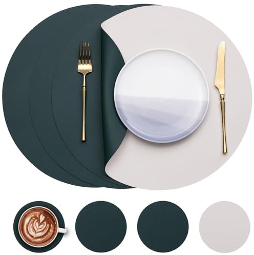 Myir JUN Tischsets 4er Set, Tischsets Abwaschbar Platzsets Rund Ø 38cm Platzdeckchen Rund Doppelseitigen rutschfest Platzsets Kunstleder Leder Tischset Lederoptik (Beige Grün, 4er Set)