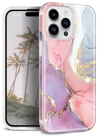 JIAXIUFEN Handyhülle für iPhone 15 Pro Hülle TPU Silikon Schutzhülle Handytasche Handy Hülle für iPhone 15 Pro 2023 Marmor Pink Purple