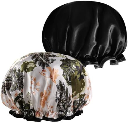 Belegao 2 Pack Large Shower Cap with Elastic Band - Waterproof Double Layers Bath Caps Oilproof Ruffled Covering Ears 32cm Wide Floral Printed for Unisex Adults, Women and Men(Black, Floral)