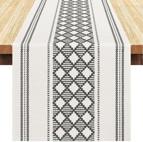 Tischläufer Boho Tischläufer Modern Wohnzimmer Rechteckige Grau Tischläufer Frühling Gestreifte Karo Muster für Küche Vintage Bauernhaus böhmische Hochzeit Dekor, Tischläufer Leinen 40x140cm
