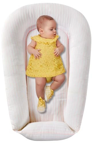 Plushii Babynest Babynestchen für Baby Kuschelnest 2-seitig Babykokon für Säuglinge und Neugeborene Babynestchen 100% Baumwolle Nestchen geeignet für Zuhause 60 x 90 cm, Rosa Streifen