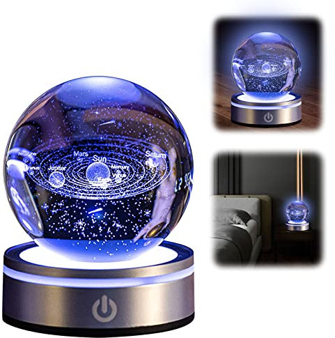 TOWEBOORY Bola de Cristal 3D, 8cm/3.15inch Bola Cristal 3D Solar con la Base de la lámpara del LED Bola de Cristal 3D del Solar Decoraciones de Escritorio para la Decoración del Hogar