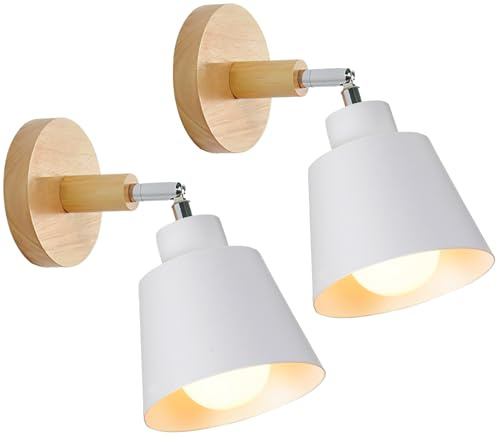 TOKIUS 2 pezzi Lampade da Parete Vintage Applique da parete Interno Moderno Applique in Metallo e Legno Lampadari e Plafoniere regolabile E27 Luce da Camera da Letto Soggiorno (2 pezzi, Bianco)