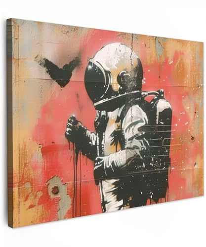 MuchoWow© Leinwand Bilder Wanddeko Wohnzimmer Aesthetic Room Decor Deko | 70x50 cm - Zimmer Wandbilder Modern Bild auf Graffiti - Astronaut - Street art - Weltall - Banksy