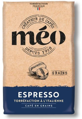 Café Méo en Grains Espresso - Torréfaction à l'Italienne - en Pack de 6 sachets de 1 KG - Niveau de torréfaction foncé