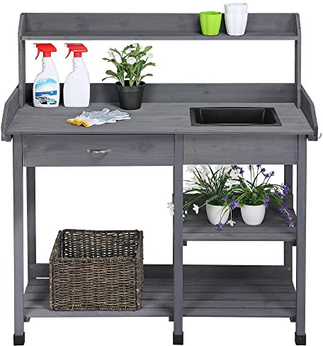 costoffs Garden Potting Bench Wood Potting Table Outdoor Work Table for Greenhouse Garden Work Bench with Removable Sink Drawer and Storage Shelf -Grey
