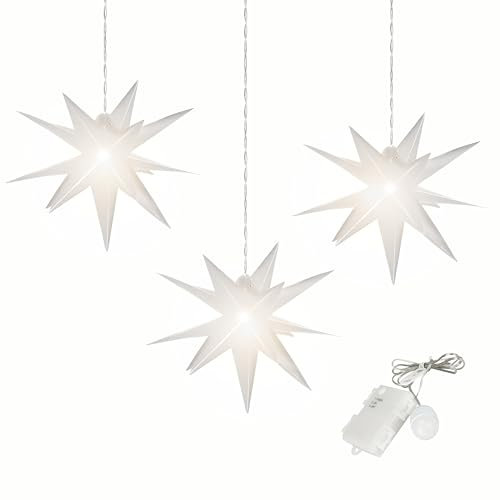 Leuchtstern 3D mit LED Beleuchtung | 3er Set | weiß | Ø 27 cm| 3D Stern mit 15 Spitzen | wetterfest | Garten Deko, Wohnzimmer, Weihnachtsdeko | Weihnachtsstern | mit Timer | batteriebetrieben