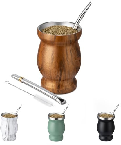Husfunov Tazza Yerba Mate da 226,8 g, in acciaio inox 304, a doppia parete, isolamento termico, set di tazze da tè con spazzola per la pulizia e 2 bombe (legno)