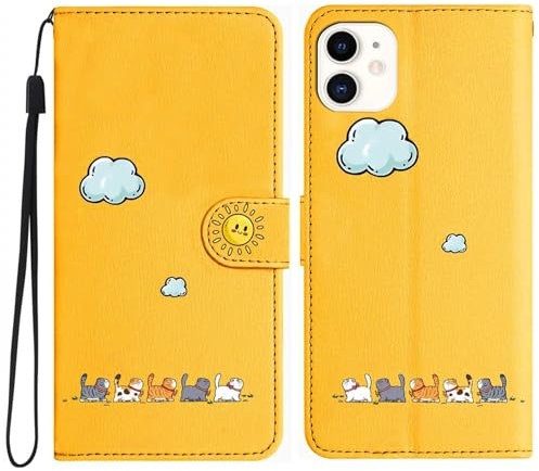 Generisch Niedlich und Schöne Geldbörse Handyhülle für iPhone 12 Mini, Nette Katzen Muster Haltbares PU+TPU Leder mit Prämie Magnetisch Schließung Flip Telefon Hülle für iPhone 12Mini(Gelb)