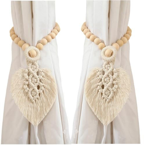 janeunique 2 Stück Vorhang Raffhalter Boho Deko, Gewebte Blätter Makramee Gardinenhalter, Vorhang Seil schnallen für Wohnzimmer, Schlafzimmer - Beige