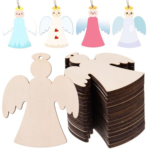 AWIZOM 60 Stück unlackierte Weihnachtsengel aus Holz, Weihnachtsausschnitte zum Bemalen, blanko, Holzengel Scheiben mit Bindfaden, für Bastelarbeiten, Geschenkanhänger, Weihnachten, Winterurlaub,