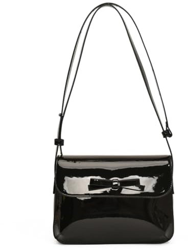Kexpery Borsa da donna in pelle verniciata con fiocco, tracolla regolabile, borsa con patta quadrata, borsa retrò sotto le braccia, borsa, Nero
