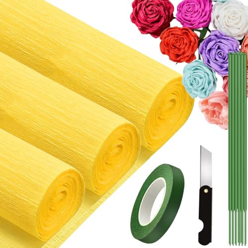 3 Rolls Krepppapier Gelb 25x250cm, Krepppapier Rollen, Nicht Abfärbende Farben, Krepppapier Bunt für DIY Blumen Kunsthandwerk, Geburtstagsfeier, Hochzeit, Festival Ornament (Gelb)