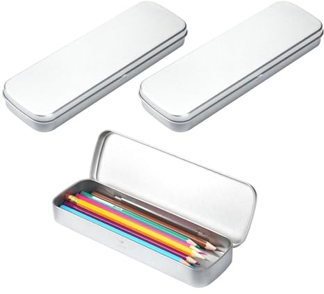 Srvauyea Metal Hinged Tin Box Multi Use Organiser,Silver Metal Pencil Case,School Supplies Stationery Box & Makeup Brushes Organizer, Empty Pencil Holder for Desk or Travel.