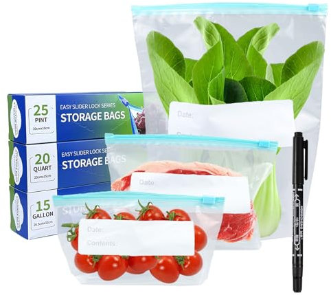 60 Pcs Freezer Bags with Expandable Bottom, Reusable Airtight Food Storage Bags 3 Sizes (3.5L, 1L, 0.5L) – Leakproof Zip Lock bags for Sandwich, Meat, Veggies & Snacks