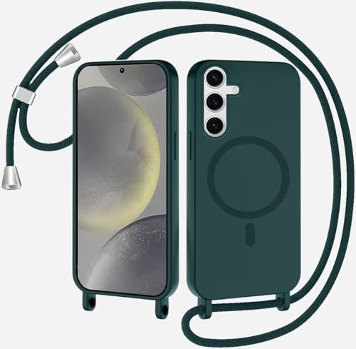 xinyunew Coque Magnétique pour Samsung Galaxy S24/S25 avec Cordon, Compatible avec MagSafe Collier Étui Silicone Liquide avec Tour de Cou Lanière en Corde Souple TPU Antichoc Housse,Vert Encre