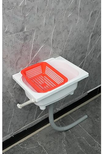 Lavandino a Muro in Resina, Lavello da Esterno per Cucina Caffè Garage Lavanderia Giardino Esterno 38.5x28.5x18 cm Bianco B 95 cm Tubo Fognario