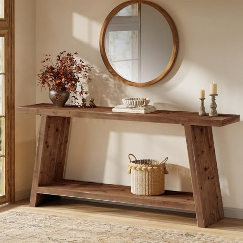 TRIBEWOOD Consola de Madera Maciza 160 cm Marrón, Mesa de Entrada Estrecha con 2 Estantes, para Pasillo, Salón o Detrás del Sofá, Estilo Granjero Vintage