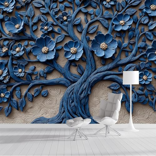 DLERFLOVR Papier Peint Panoramique Arbre De La Vie Papier Peint en Soie Relief En Bois Revêtement Mural pour Salon, Adulte Chambre d'enfants, Restaurant Décoration 250x175cm, Bleu Marine